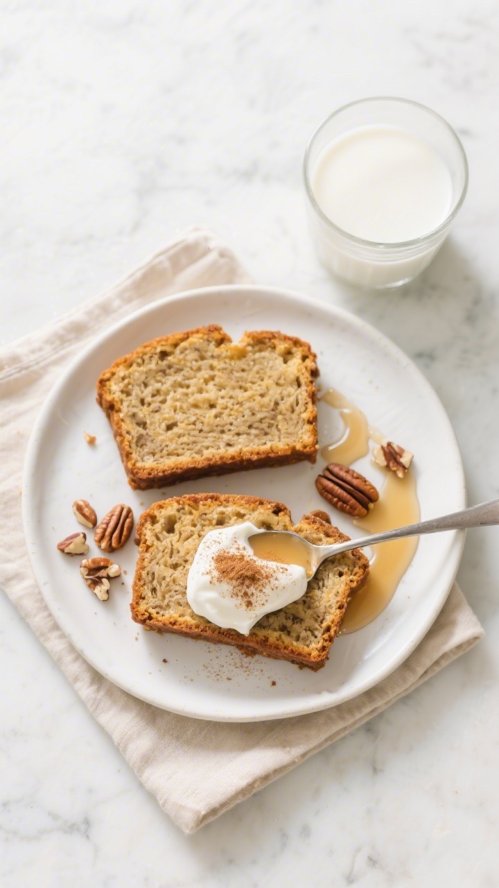 Low Carb Banana Bread - Moist, Simple, and Satisfying 4 Tasty top view — Overhead shot of plated slices of low carb banana bread for serving: two slices o