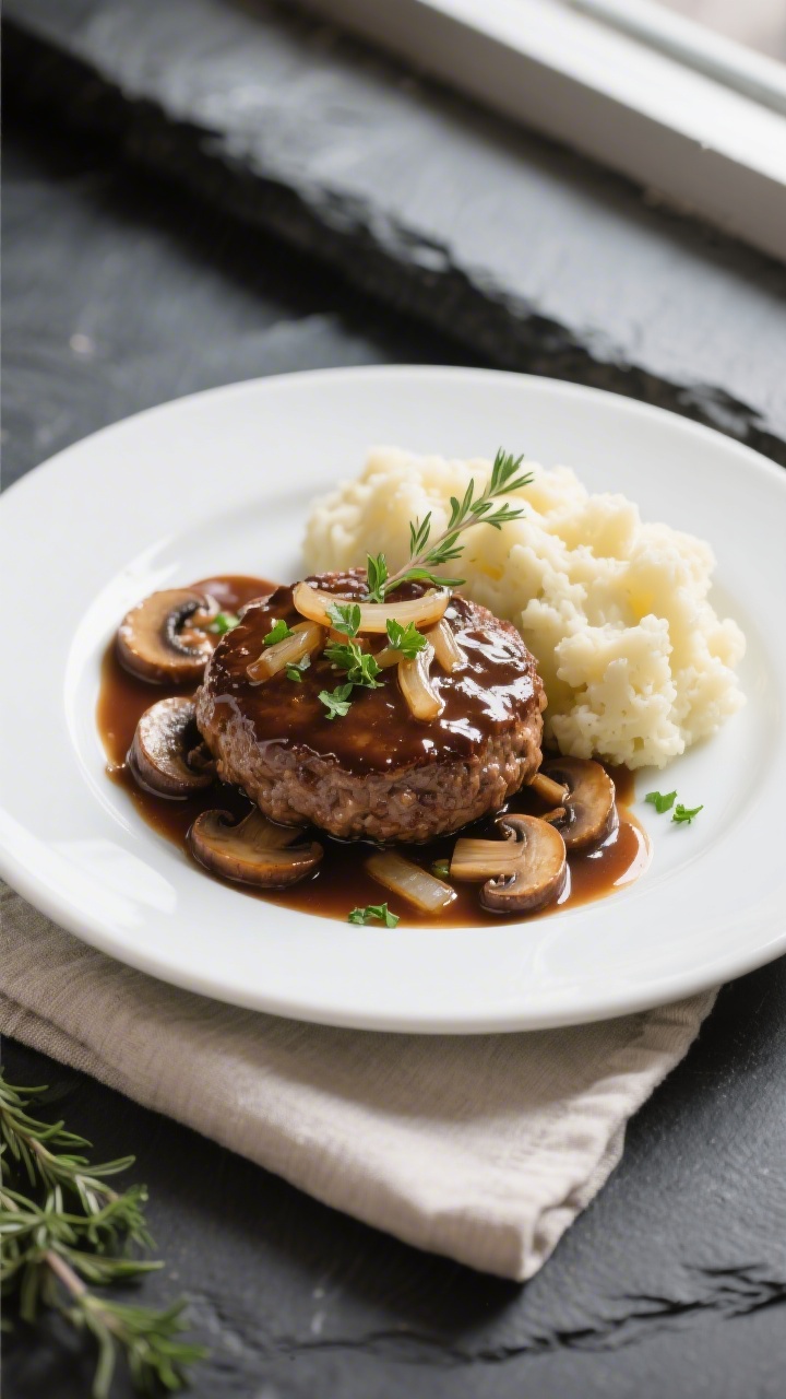 Tasty top view: Overhead shot of Salisbury steak nestled in glossy mushroom-onion gravy, scattered f