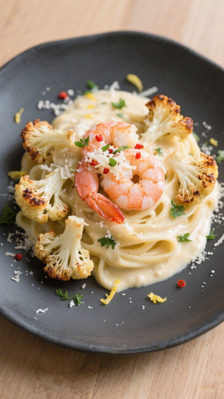 Tasty top view: Overhead shot of Shrimp Alfredo over roasted cauliflower—caramelized cauliflower f
