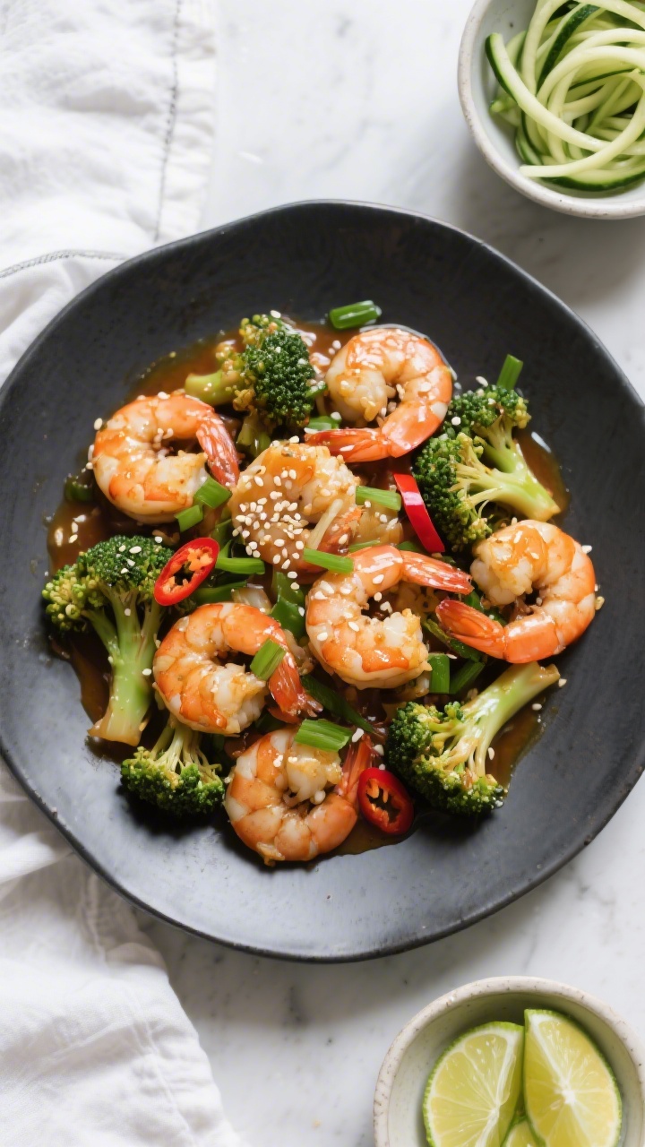 Tasty top view: Overhead shot of shrimp broccoli stir fry served without rice, arranged family-style