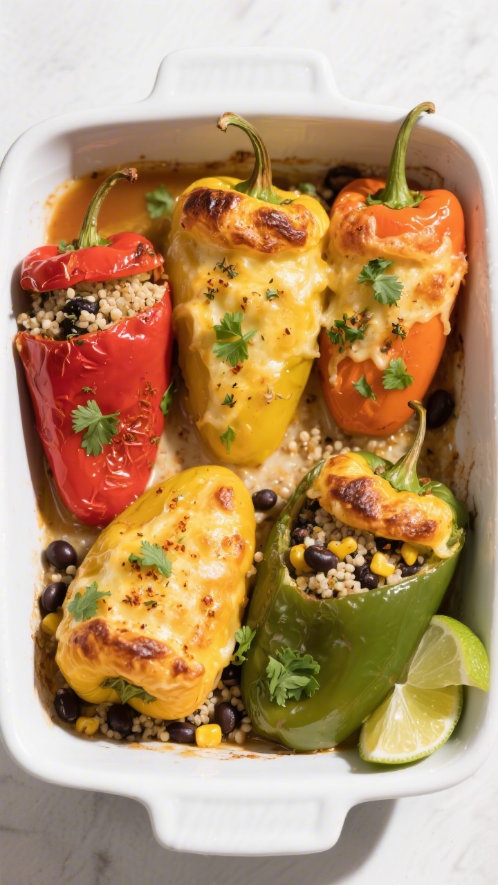 Tasty top view: Overhead shot of stuffed bell peppers fresh from the oven—four upright peppers in 