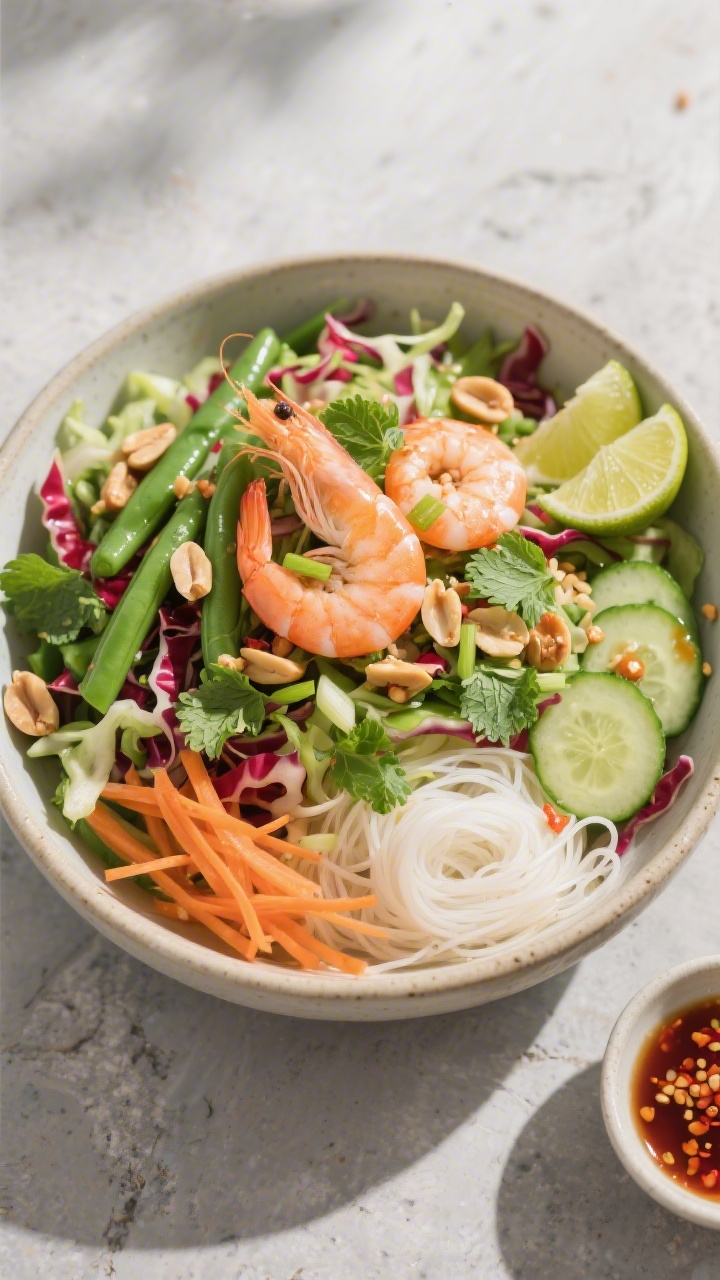 Tasty top view: Overhead shot of the assembled Asian shrimp and green‑bean salad bowl—vibrant sh