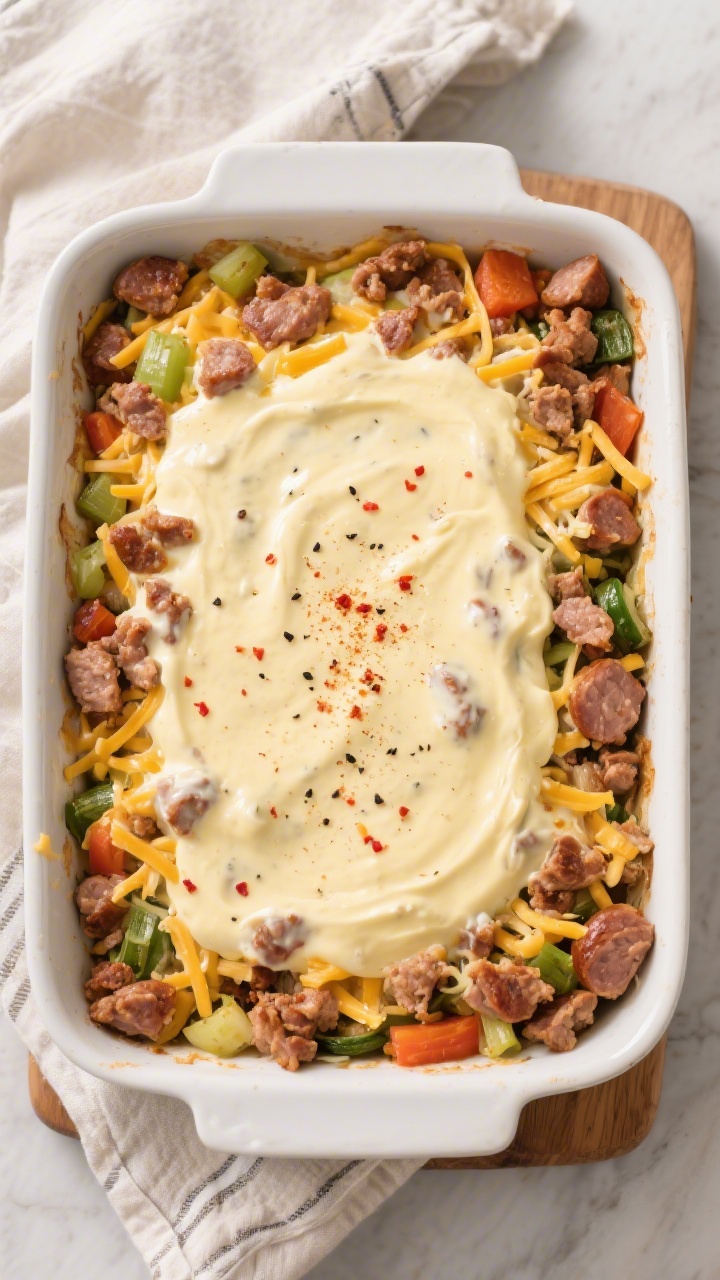 Tasty top view: Overhead shot of the assembled unbaked casserole just before the oven—9x13 dish fi