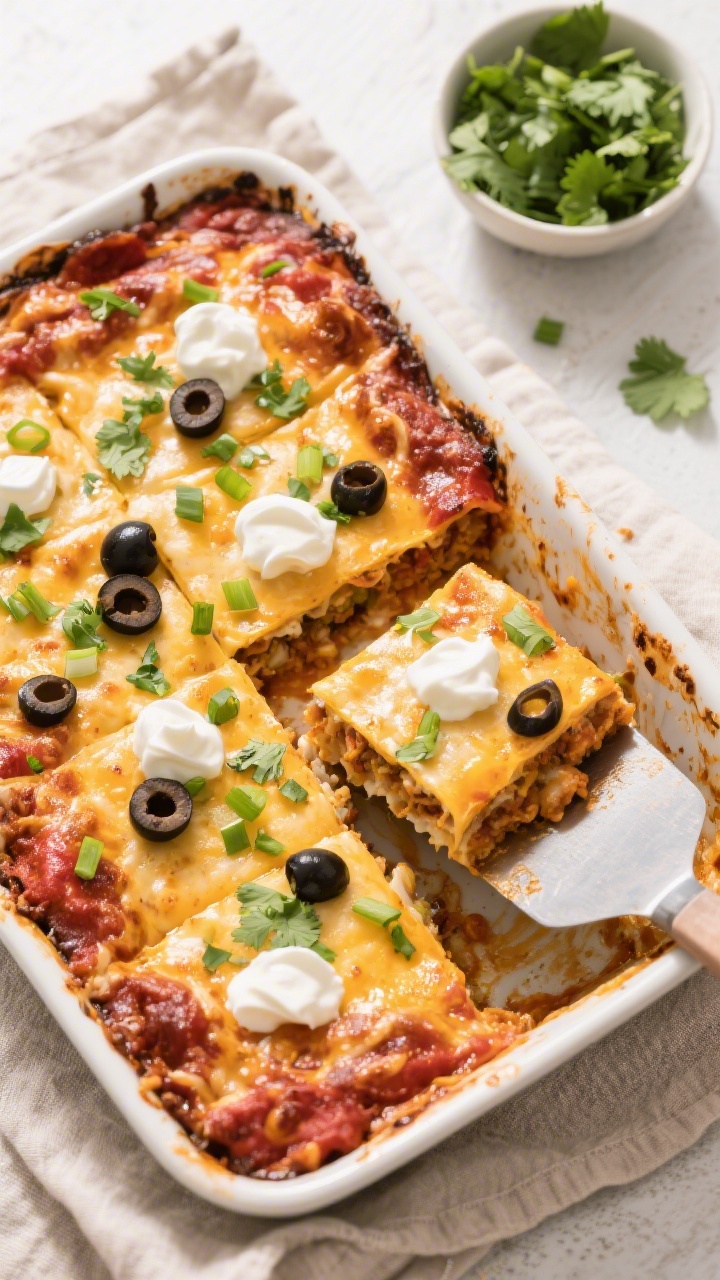 Tasty top view: Overhead shot of the baked enchilada casserole in a 9x13 dish, cheese fully melted a