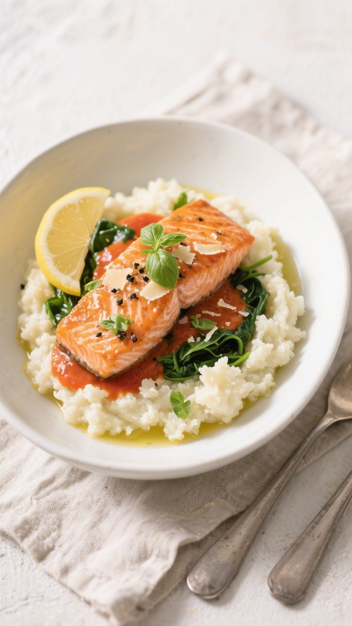 Creamy Tomato Salmon Keto - Rich, Comforting, and Low-Carb 3 Tasty top view: Overhead shot of the completed Creamy Tomato Salmon Keto plated over cauliflower mas