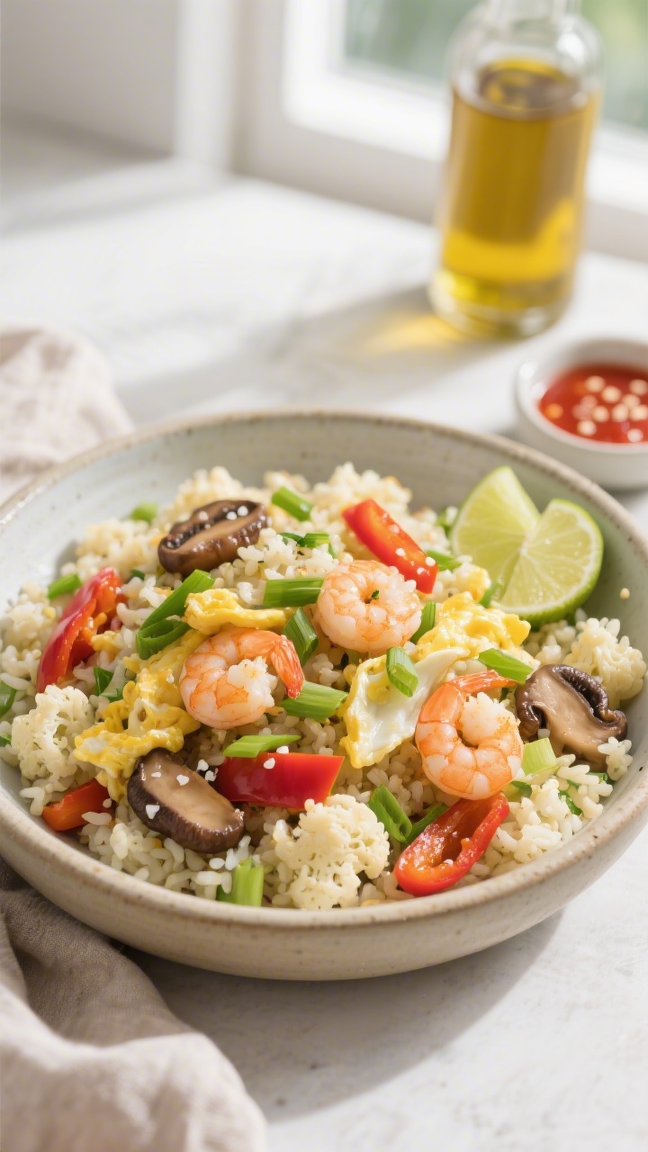 Cauliflower Fried Rice Keto - Fast, Flavorful, and Low-Carb 3 Tasty top view — Overhead shot of the finished Keto Cauliflower Fried Rice in a wide, shallow cera