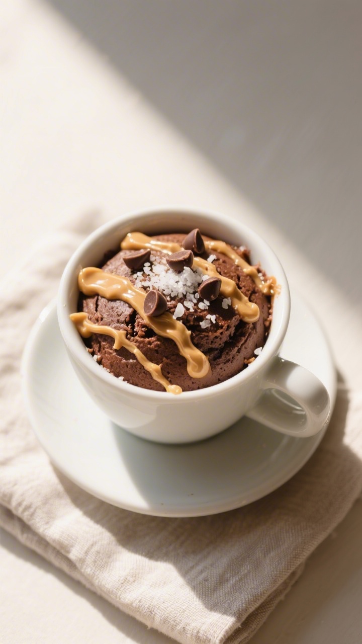 Tasty top view: Overhead shot of the finished mug cake topped with a light drizzle of extra peanut b
