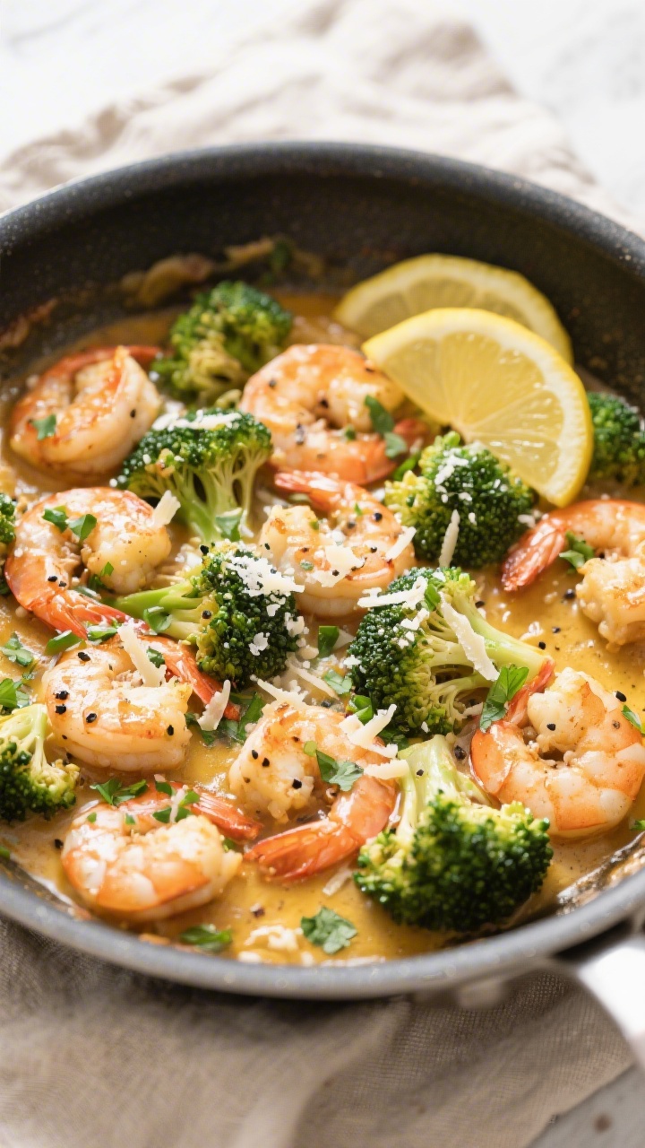 One Pot Shrimp Broccoli Keto - Fast, Flavorful, and Low-Carb 3 Tasty top view: Overhead shot of the finished One Pot Shrimp Broccoli Keto in the skillet, shrimp an