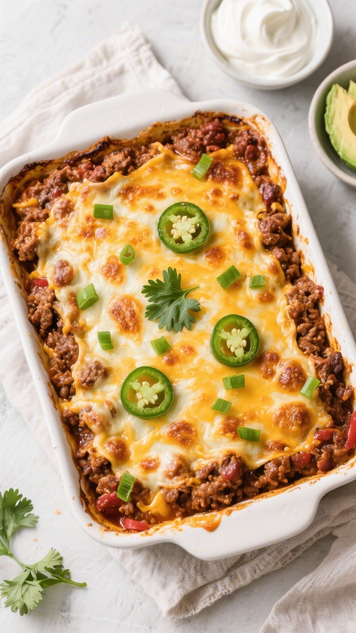 Tasty top view: Overhead shot of the freshly baked Keto Ground Beef Chili Bake in a 9x13 dish, chees