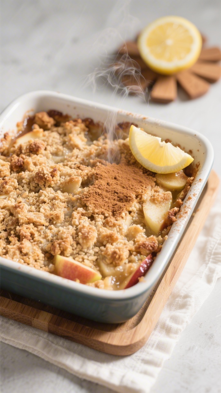 Tasty top view: Overhead shot of the low carb apple crisp just out of the oven in a 9-inch square ba