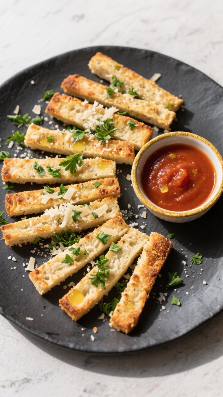 Tasty top view: Overhead shot of the low carb garlic bread sliced into neat sticks, arranged slightl