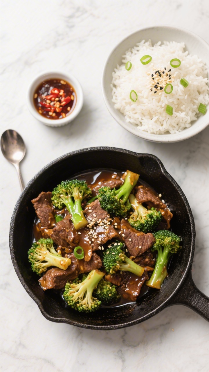 Tasty top view, overhead shot: Overhead shot of beef and broccoli stir-fry served family‑style in 