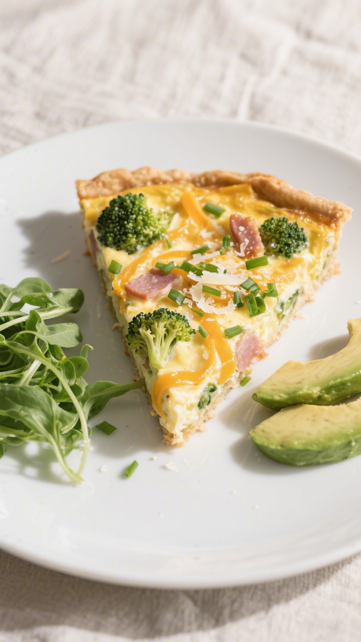 Tasty top view, overhead: Sliced crustless keto quiche on a matte white plate, neat wedge removed to