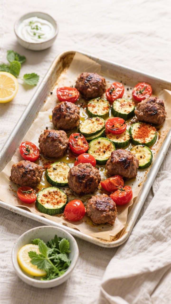 Tasty top view, overhead tray-bake variation: Overhead shot of a sheet pan featuring roasted lamb me