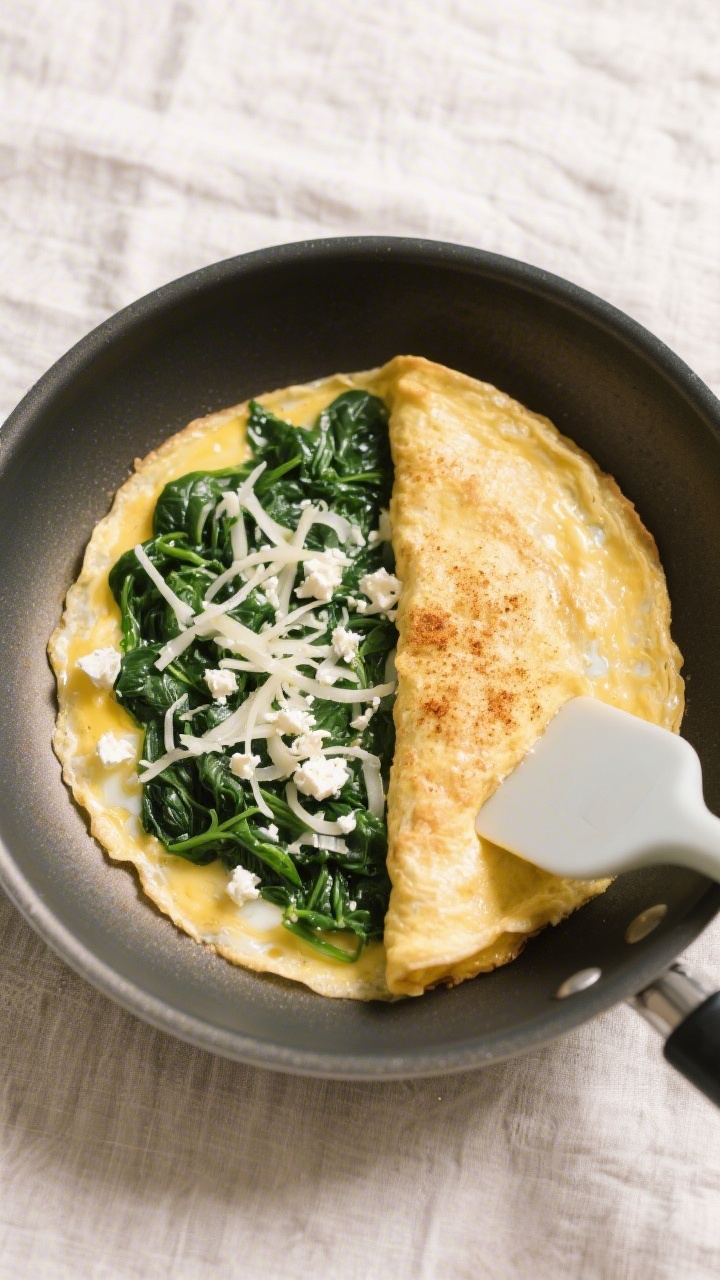 Tasty top-view process shot: Overhead shot of the omelette just before folding—eggs mostly set and