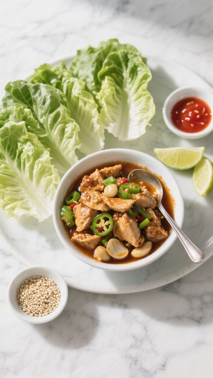 Tasty top-view spread: Overhead shot of a build-your-own lettuce wrap platter—bowl of glossy chick