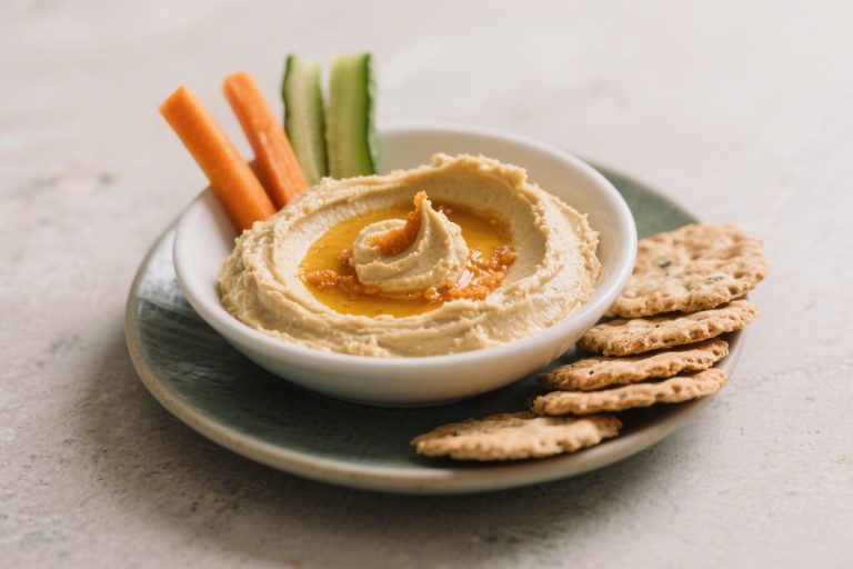 Hummus With Veggie Sticks and Gluten Free Crackers – A Fresh, Easy Snack Platter