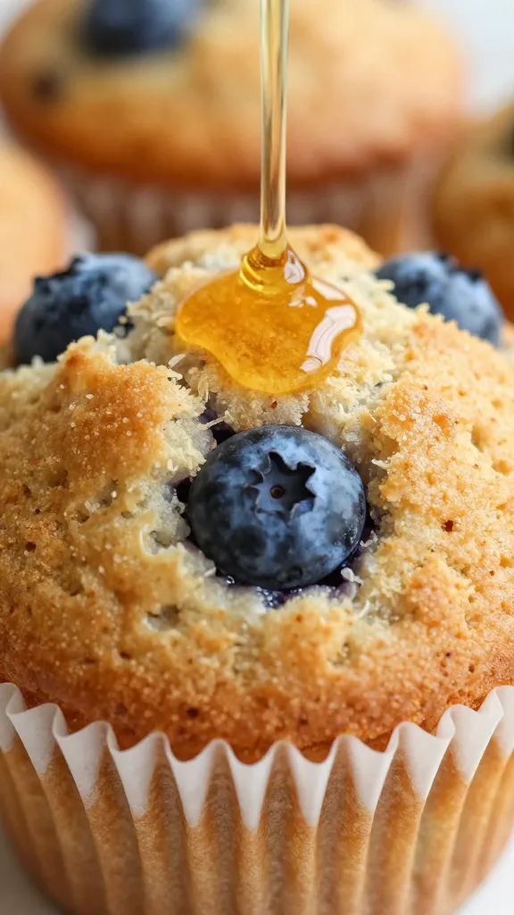 closeup of gluten-free blueberry muffin top with honey drizzle
