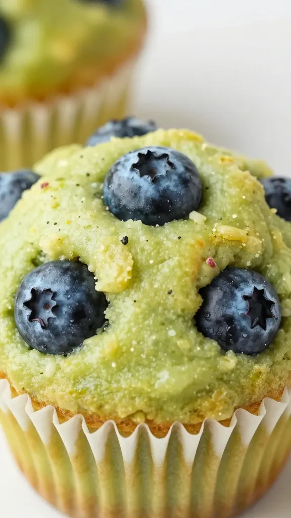 closeup of a single avocado blueberry muffin top, green-tlecked batter visible