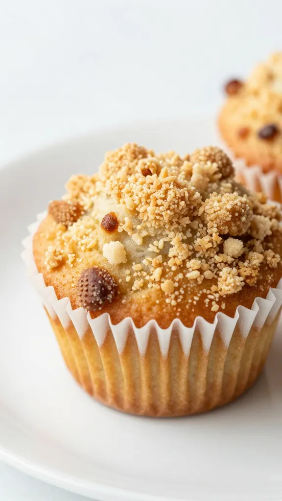 How to Make Applesauce Blueberry Muffins That Wow 1 closeup muffin with crumble topping on white plate