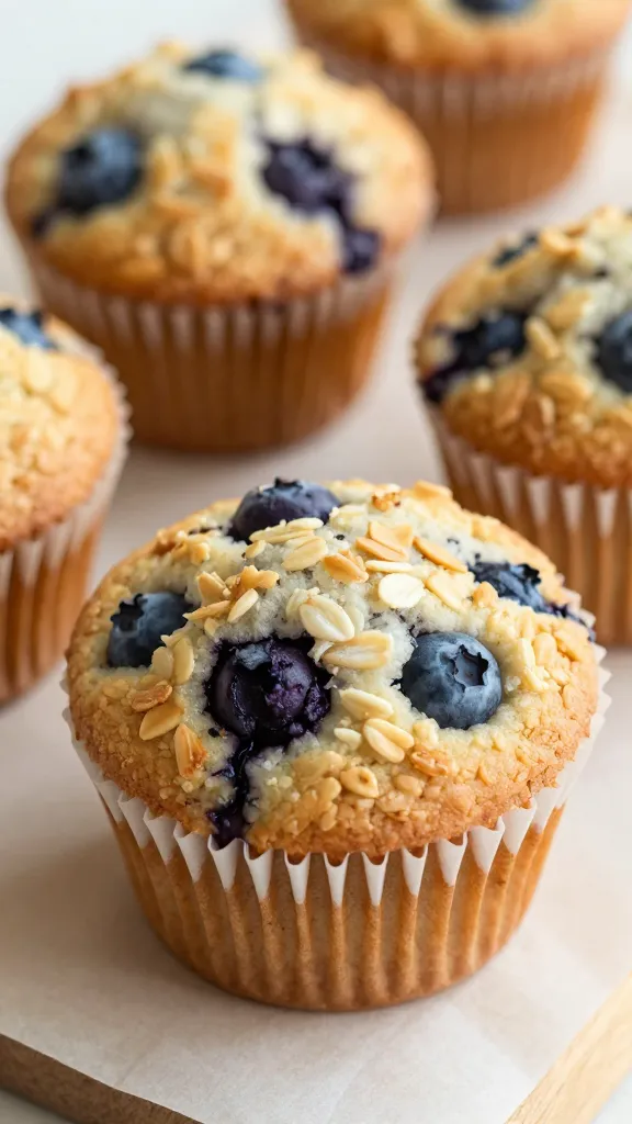 Closeup of blueberry oat muffins, single muffin resting on parchment