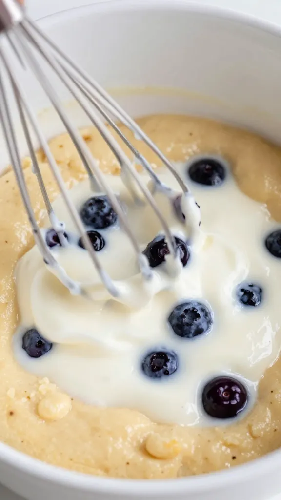 closeup of blueberry Greek yogurt muffin batter being whisked