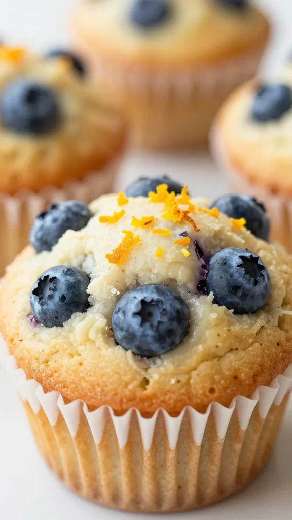 Closeup muffin with blueberries bursting, orange zest visible