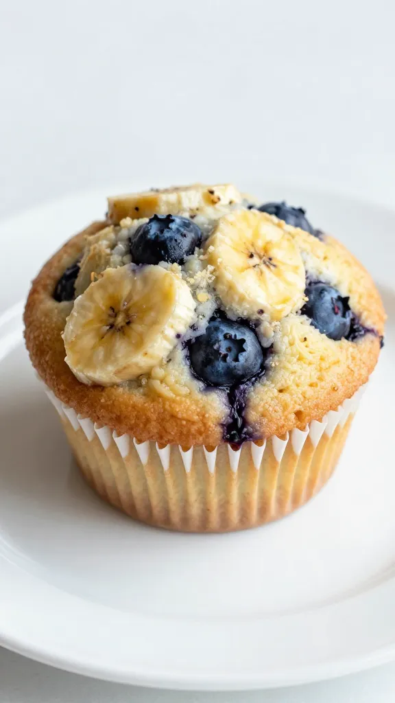 Blueberry Banana Muffins: Easy, Soft & Flavorful Bites 1 Closeup of a single blueberry banana muffin on a white plate
