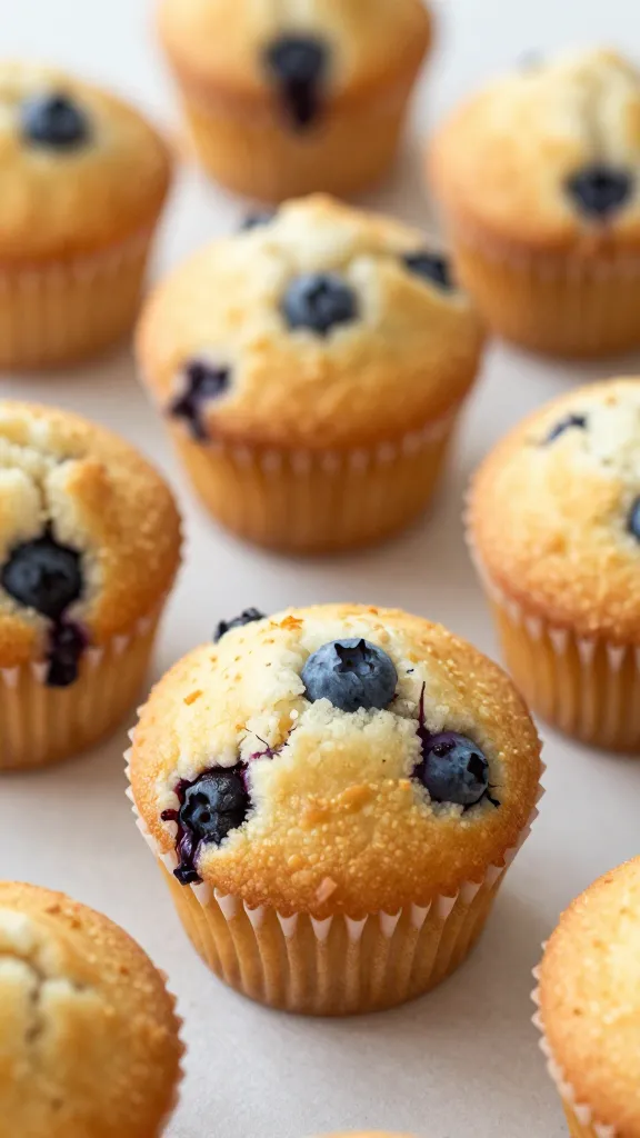 Closeup of tiny blueberry muffin on parchment, golden tops
