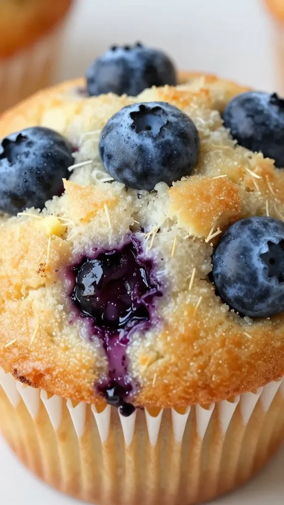 Closeup of jumbo blueberry muffin top bursting with berries