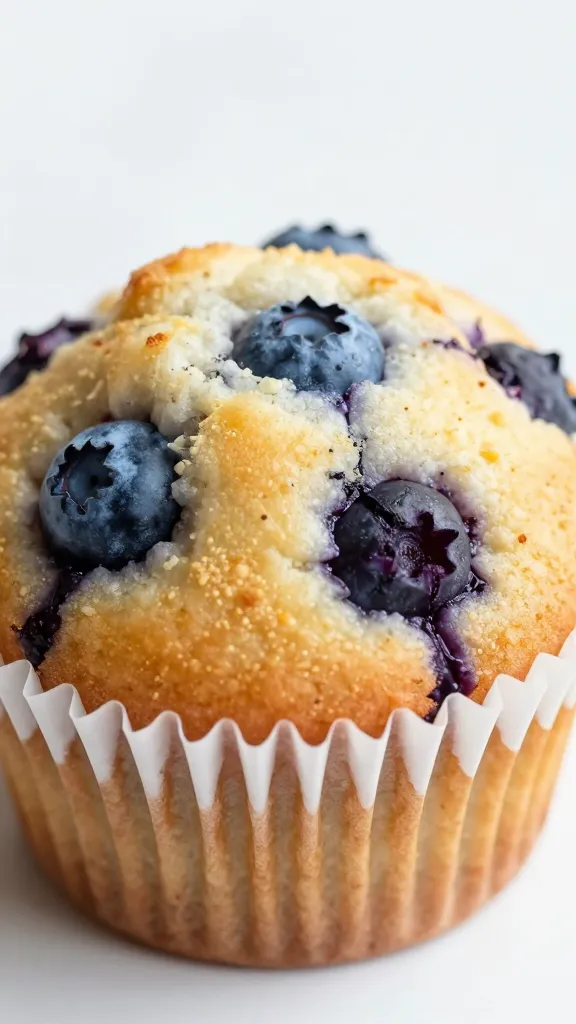 One-Bowl Blueberry Muffins Recipe: Protein-Packed Minis 1 Close-up of a single blueberry muffin in paper liner