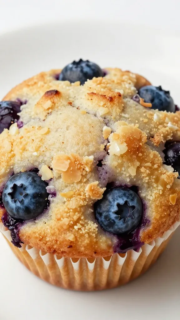 Closeup of a single blueberry streusel muffin crown detail, high-angle, pristine white plate