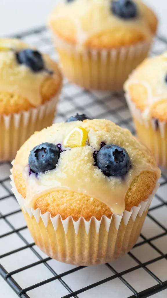 closeup of lemon blueberry muffin with glaze on cooling rack