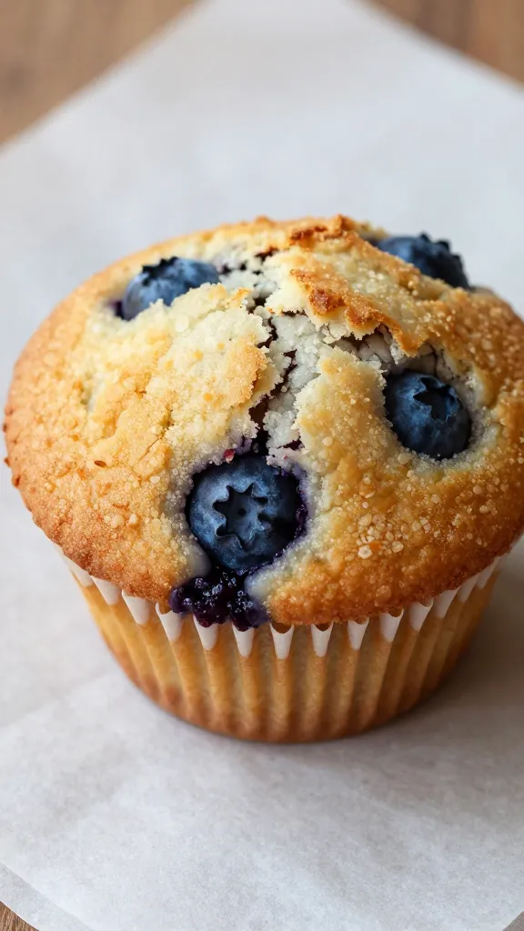 Closeup of a single blueberry muffin, top crust crackled, on parchment