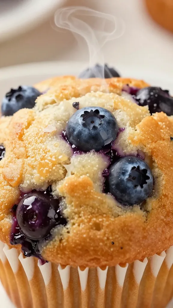 How to Make Blueberry Chocolate Chip Muffins 1 closeup of a blueberry chocolate chip muffin top, steam rising, glossy blueberries