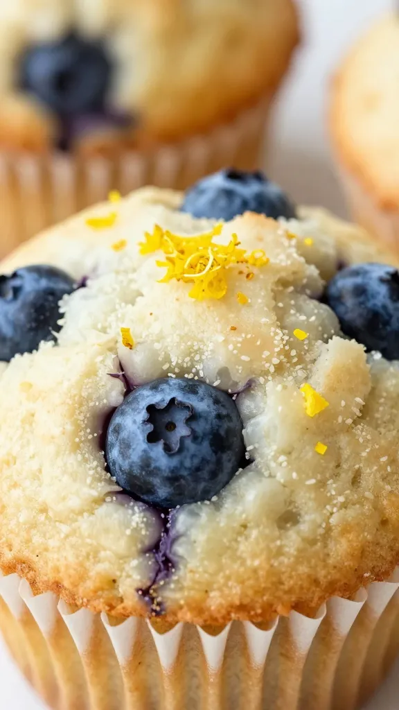 Closeup of dairy-free blueberry muffin top with lemon zest