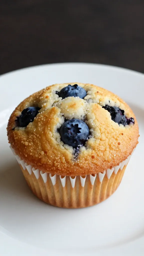 Closeup of a single sugar-free blueberry muffin on a white plate