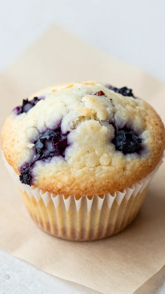 How to Make Paleo Blueberry Muffins 1 Close-up of a single paleo blueberry muffin on parchment