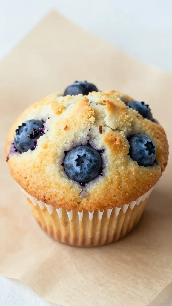 How to Make Keto Blueberry Muffins 1 Closeup of a single keto blueberry muffin on parchment